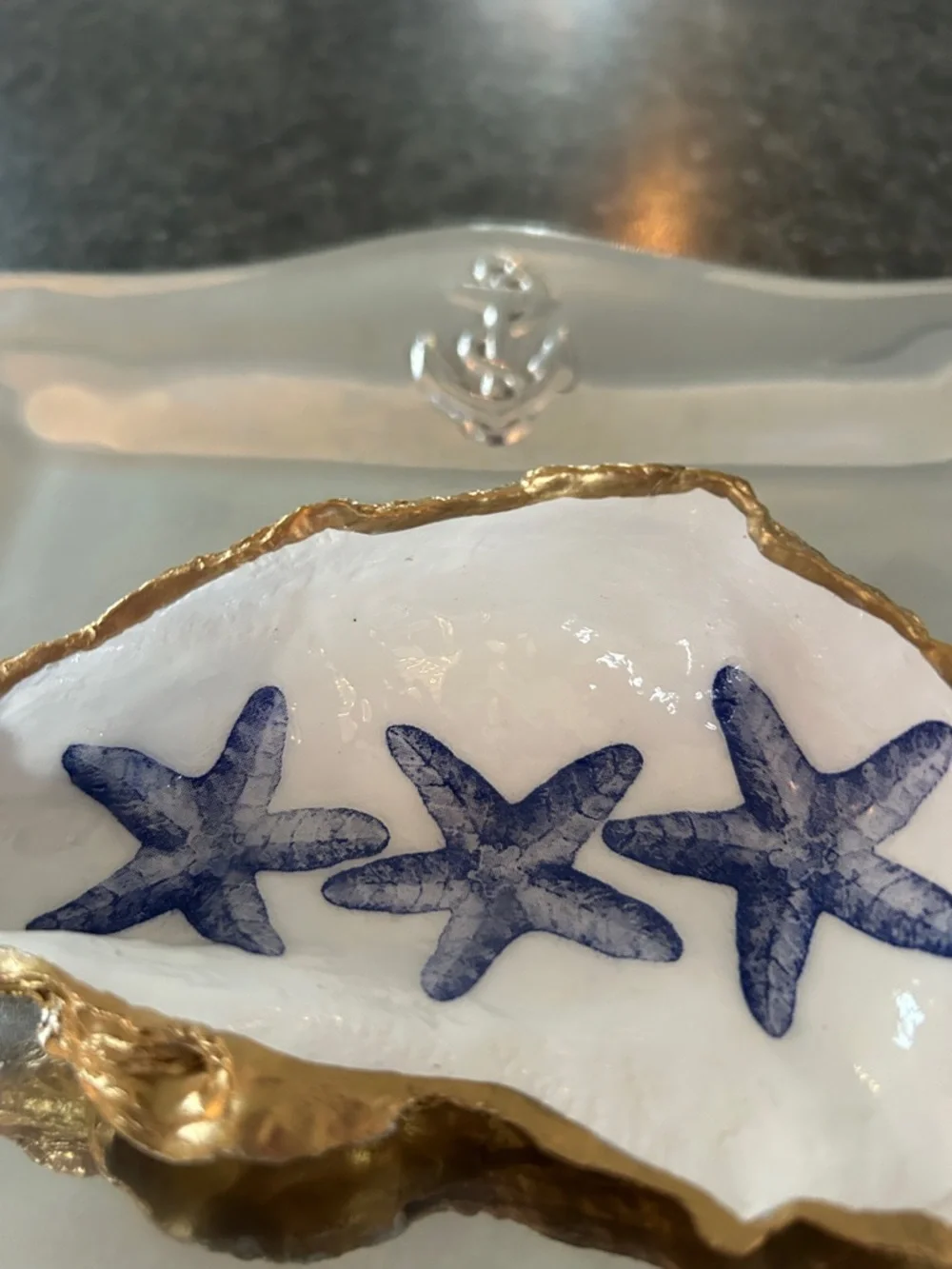Gold-Trim Shell Dish with Blue Starfish Motif - Picture 3 of 4